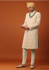 Peach Pink Sherwani Set In Textured Silk With Embroidery