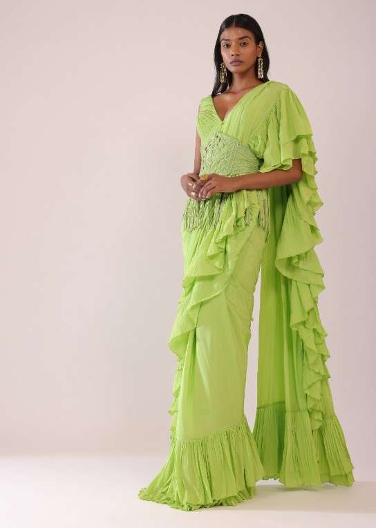 Fern Green Stitched Frill Saree In Crepe With Blouse And A Cut Work Belt