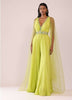 Sheen Green Crepe Jumpsuit And Net Shrug With A Crystal Bead Embroidered Belt