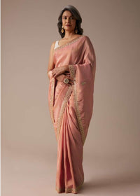 Apricot Blush Dupion Silk Saree With Gotta Patti Embroidered Floral Buttis