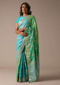 Sea Green And Turquoise Saree In Georgette With Woven Floral Jaal