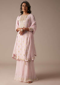 Baby Pink Straight Palazzo Suit Set In Banarasi Georgette With Brocade Work