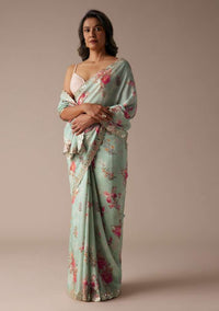 Mint Blue Saree In Muslin With Floral Print And Embroidery In Gotta Patti Work