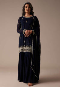 Navy Blue Embroidered Sharara Set In Chiffon