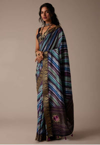 Royal Blue Saree In Tussar With Block Print And Zari Work