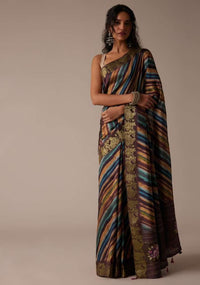 Chocolate Brown Saree In Tussar With Block Print And Zari Border