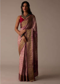 Maroon Red Shibori Saree In Tussar With Block Print With Zari Border