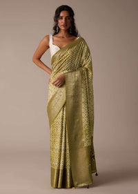 Mustard Yellow Shibori Saree In Tussar With Block Print Zari Border