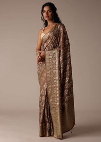 Chocolate Brown Tussar Saree With Block Print And Zari Border