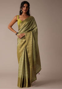 Olive Green Shibori Saree In Tussar With Block Print And Zari Border