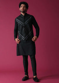 Black Jacket Kurta Set In Terry Rayon Adorned With Threadwork