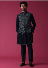 Navy Blue Jacket Kurta Set In Silk With Detailed Threadwork Patterns