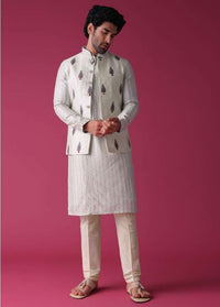 Green Jacket Kurta Set In Art Silk With Threadwork