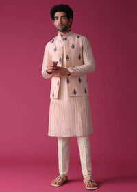 Peach Jacket Kurta Set In Art Silk With Threadwork