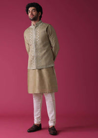 Gold Toned Jacket Kurta Set In Silk With Mirror Work