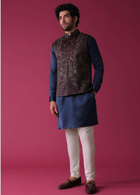 Violet Purple Jacket Kurta Set In Art Silk With Threadwork