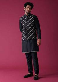 Navy Blue Jacket Kurta Set In Terry Rayon With Detailed Threadwork