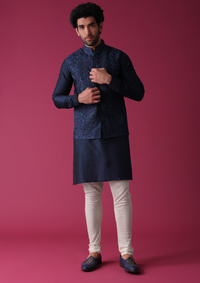 Indigo Blue Jacket Kurta Set In Art Silk With Heavy Threadwork