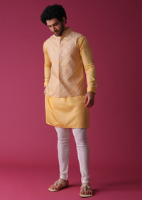 Canary Yellow Jacket Kurta Set In Art Silk With Threadwork