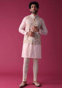 Candy Pink Jacket Kurta Set In Silk With Threadwork
