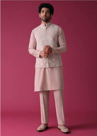 Powder Pink Jacket Kurta Set In Silk With Intricate Threadwork