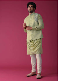 Lime Yellow Jacket Kurta Set In Velvet With Moti Work