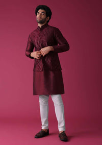 Maroon Red Jacket Kurta Set In Silk With Threadwork