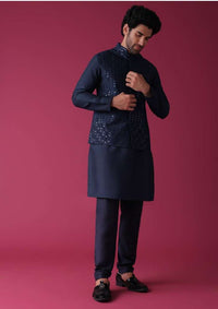 Persian Blue Jacket Kurta Set In Silk With Threadwork