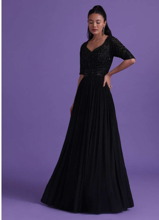 Black Gown In Chinon With Cut Dana, Beads, And Sequins Work