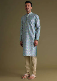 Airforce Blue Foil Printed Festive Kurta Set In Art Silk