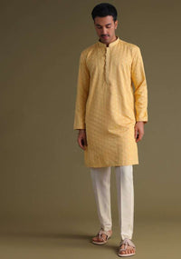 Mustard Yellow Thread-Embroidered Festive Kurta Set With Motif Work