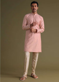 Candy Pink Thread-Embroidered Festive Kurta Set In Silk With Motif Work