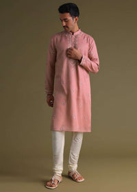 Petal Pink Kurta Set In Silk With Mirror Embroidery