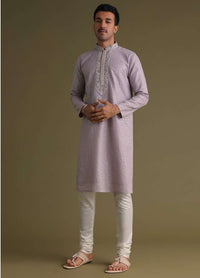 Lilac Purple Festive Textured Kurta Set In Silk With Embroidery On The Yoke And Collar