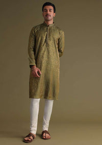 Mehendi Green Festive Kurta Set With Golden Floral Print In Jacquard