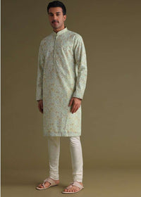 Pista Green Sequin Embroidered Kurta Set With A Printed Texture In Silk