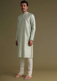 Powder Green Kurta Set With Mirror Work Embroidery In Cotton Silk