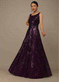 Wine Sequins Embroidered Evening Gown In Georgette With Resham Work