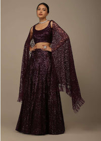 Wine Festive Sequins Embroidered Lehenga Set In Raschel Net Fabric