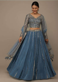 Airforce Blue Festive Sequins And Zari Embroidered Lehenga Set In Chinon