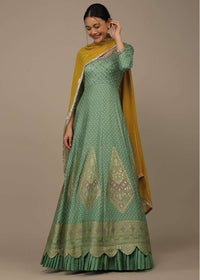 Pista Green Embroidered Anarkali Suit In Silk With Brocade Woven Floral Buttis