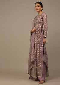 Onion Pink Embroidered Palazzo Suit Set In Banarasi Brocade Silk