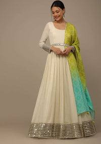 Daisy White Embroidered Anarkali Suit In Georgette With Yellow-Green Ombre Bandhani Dupatta