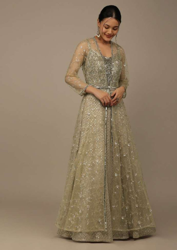 Beige Festive Embroidered Suit Set In Georgette With Net Jacket And Waistbelt