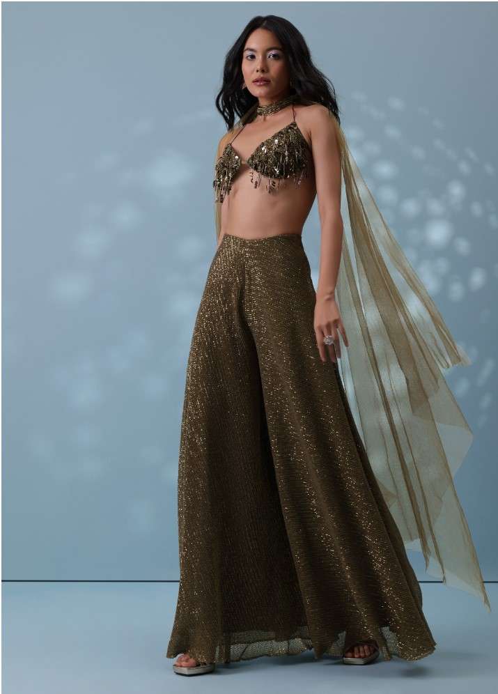 Dusty Brown Fancy Indowestern Palazzo And Bustier In Lycra Sequins With Choker