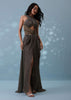 Coffee Brown Pleated Indowestern Ready-To-Wear Saree Gown In Sequins Lycra