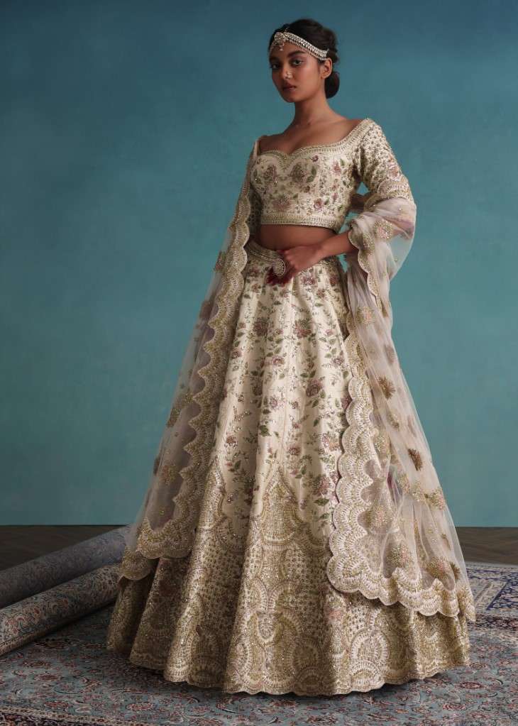 Daisy White Embroidered 12 Kali Bridal Lehenga In Raw Silk With Floral Hand Embroidery