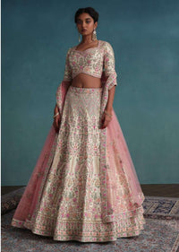 Pearl White Embroidered Bridal Lehenga In Raw Silk With Floral Hand Embroidery