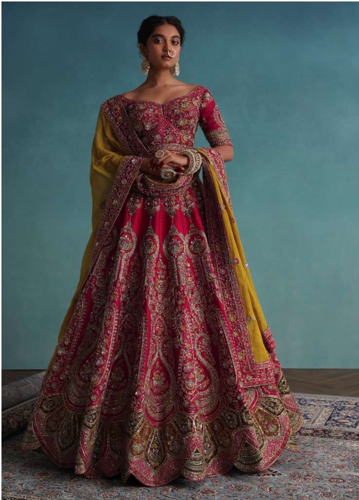 Rose Pink Embroidered 16 Kali Bridal Lehenga In Raw Silk