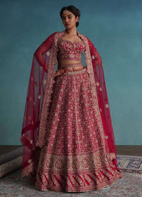 Fiery Red Embroidered Bridal Lehenga In Raw Silk With Hand Embroidery